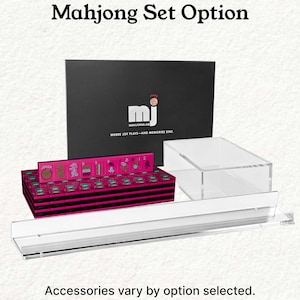 a set of Mah Jongg tiles and a clear plastic display case, with the text "Mahjong Set Option" and "Accessories vary by option selected."