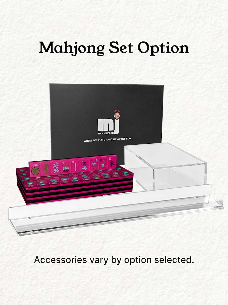 a set of Mah Jongg tiles and a clear plastic display case, with the text "Mahjong Set Option" and "Accessories vary by option selected."