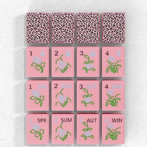 a collection of pink tiles with various floral designs, including leopard print patterns and floral motifs.