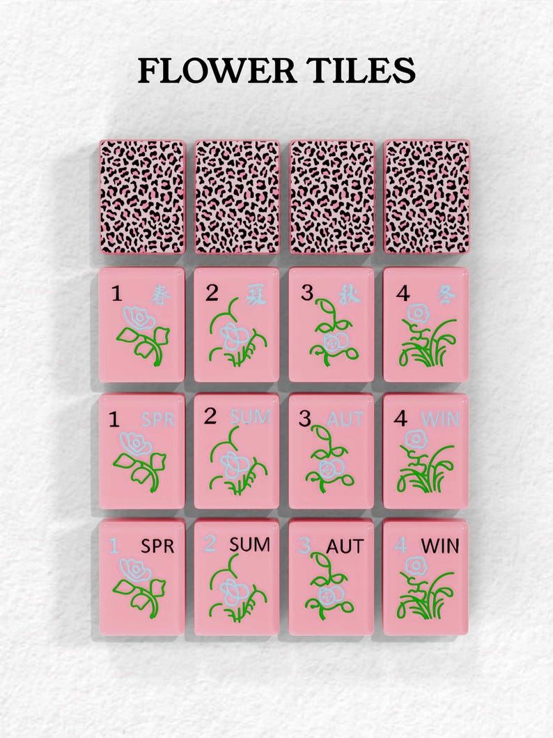 a collection of pink tiles with various floral designs, including leopard print patterns and floral motifs.