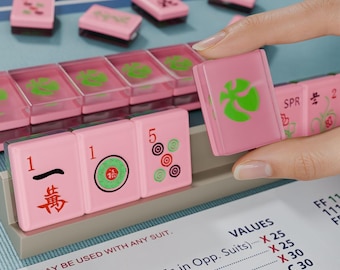 Juego de Mahjong Botánico Rosa Personalizado de 166 Fichas, Fichas de Mahjong Americanas Personalizadas con Logotipo de Hoja Verde, Resina Lavable