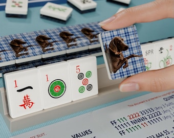 Fichas de Mahjong personalizadas con retrato de mascota, juego de 166 fichas de Mahjong americano, reversos para fotos de perros a cuadros azules, regalo de recuerdo de mascotas hecho a mano en resina