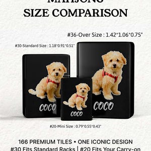 The image is a product advertisement for a product called "Mahjong Size Comparison". It features three different sizes of the product, including a mini, a standard, and a larger version, all with a picture of a dog on them. The product is described as having "66 Premium Tiles" and "One Iconic Design" and is designed to "fit Standard Racks" and "fit Your Carry-on".