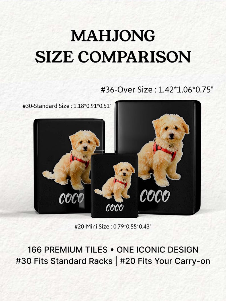 The image is a product advertisement for a product called "Mahjong Size Comparison". It features three different sizes of the product, including a mini, a standard, and a larger version, all with a picture of a dog on them. The product is described as having "66 Premium Tiles" and "One Iconic Design" and is designed to "fit Standard Racks" and "fit Your Carry-on".