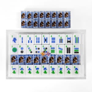 a collection of blue and white checkered tiles arranged in a grid-like pattern, with various images of animals and numbers displayed on them.