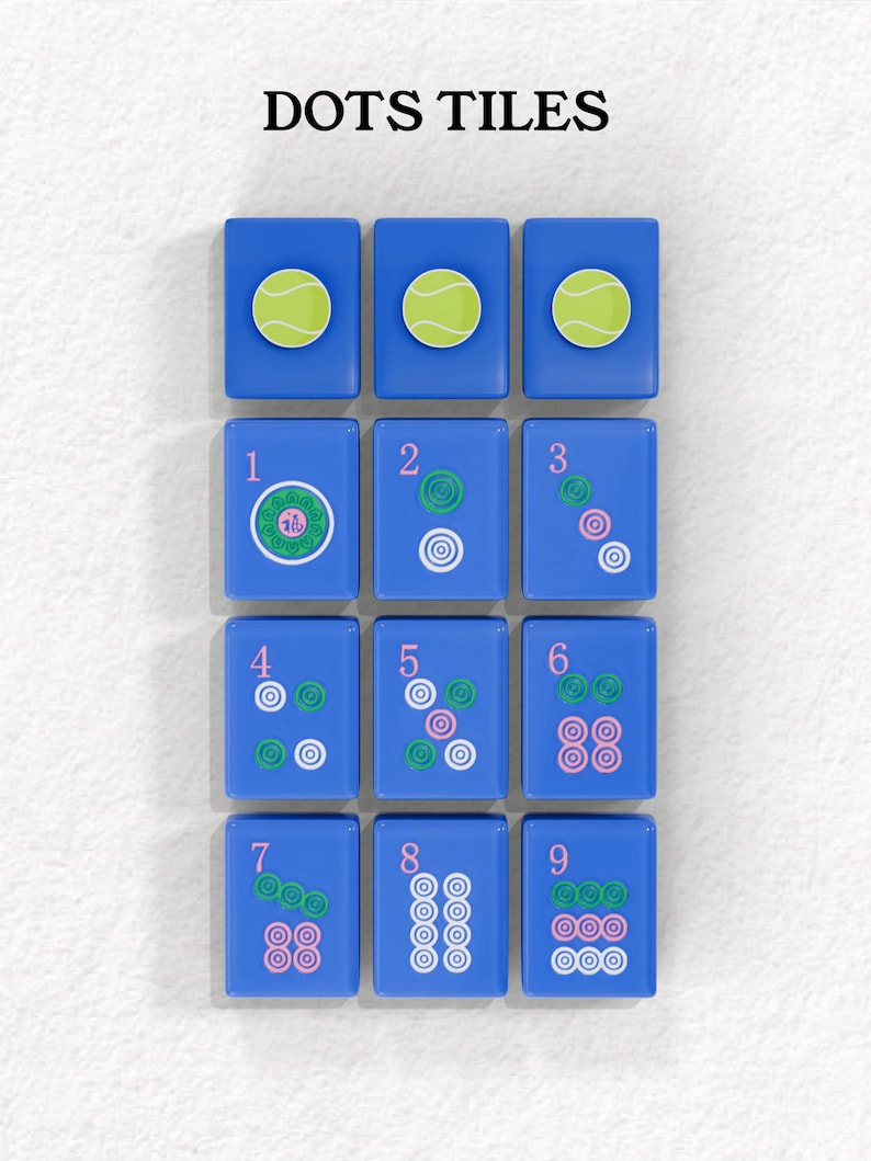 A collection of blue tiles with various designs, including tennis balls and numbers, arranged in a grid pattern.