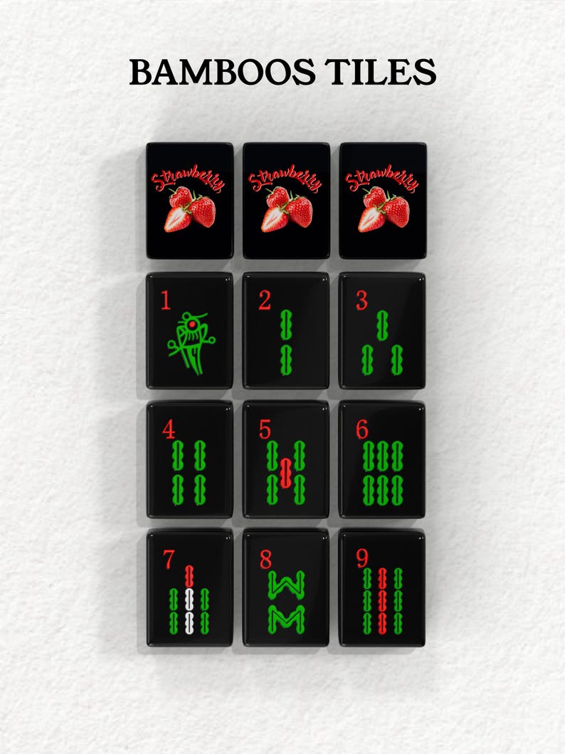 a collection of black tiles with various designs and numbers, arranged in a grid-like pattern.