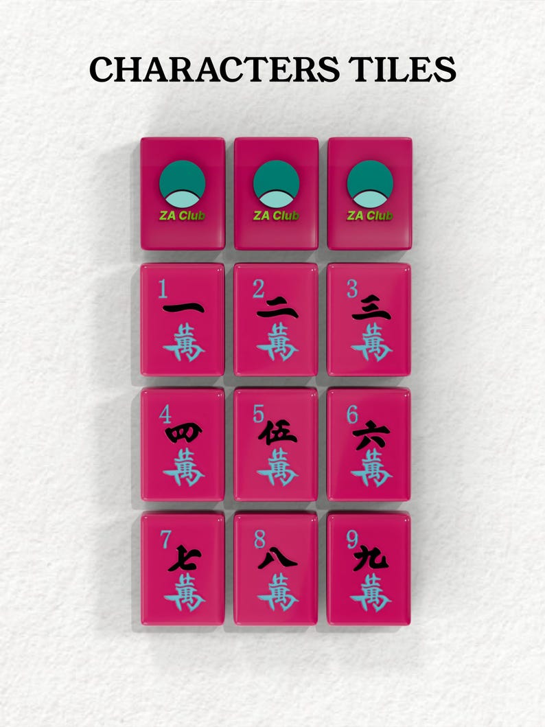 nine pink tiles with various characters and numbers on them, arranged in a grid pattern.