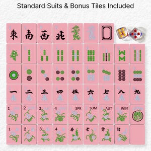 The image is a set of playing cards with various suits and tiles, including a set of standard suits and a set of bonus tiles.