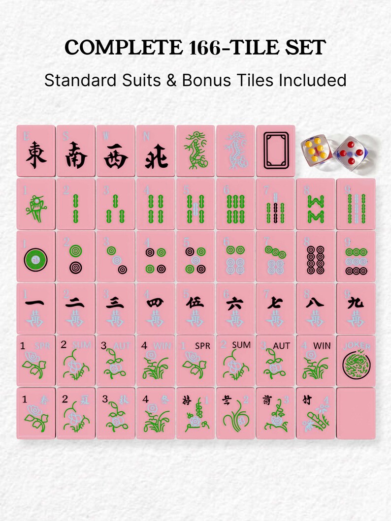 The image is a set of playing cards with various suits and tiles, including a set of standard suits and a set of bonus tiles.