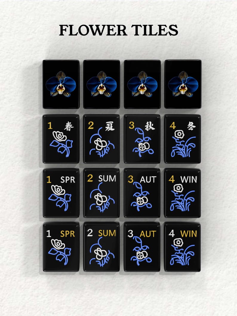 a collection of black tiles with various floral designs and numbers on them, arranged in a grid pattern.