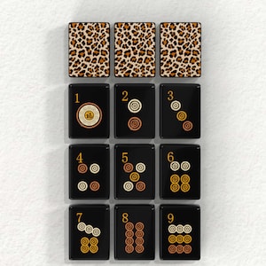 The image is a collage of nine tiles, each with a unique design and pattern. The tiles are arranged in a grid format, with three tiles on the top row, three on the middle row, and three on the bottom row. The tiles feature various patterns, such as leopard print, abstract shapes, and geometric designs. The tiles are displayed against a white background, creating a visually striking contrast.