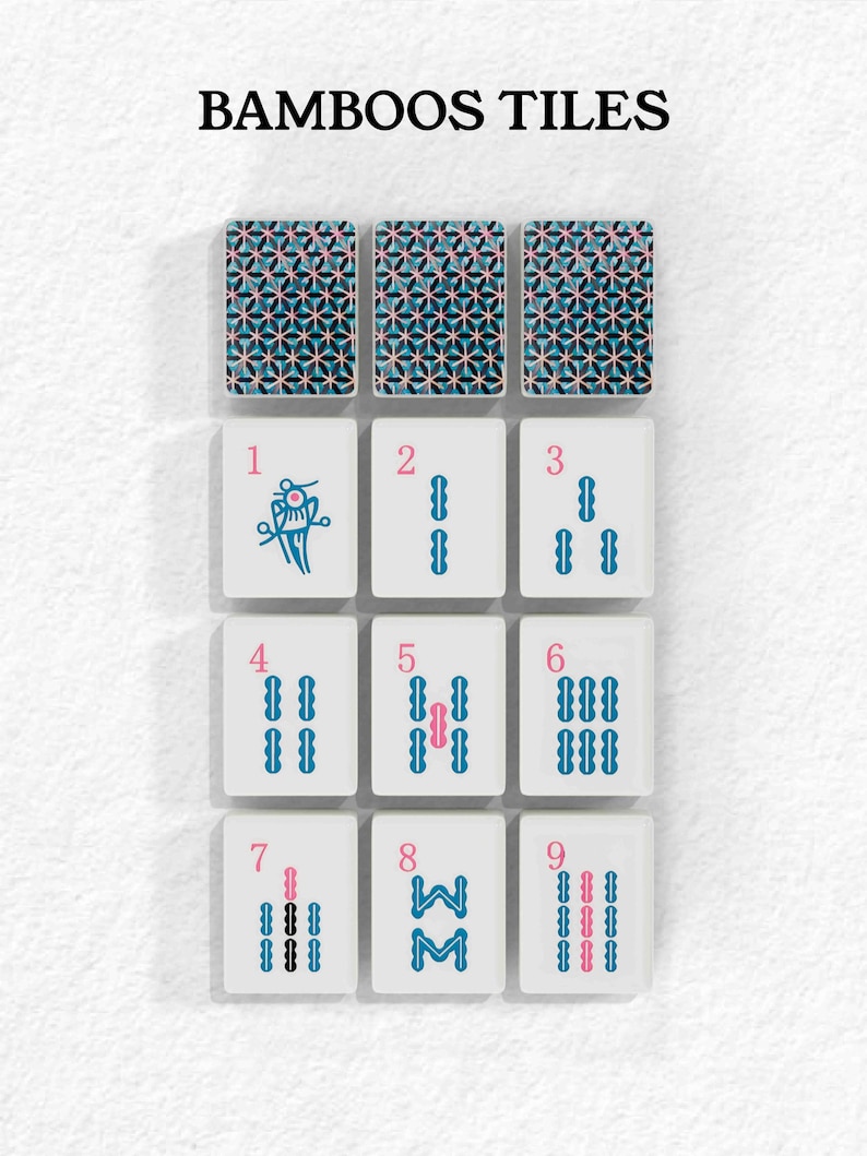 a collection of bamboo tiles arranged in a grid pattern, with each tile featuring a unique design and color scheme.
