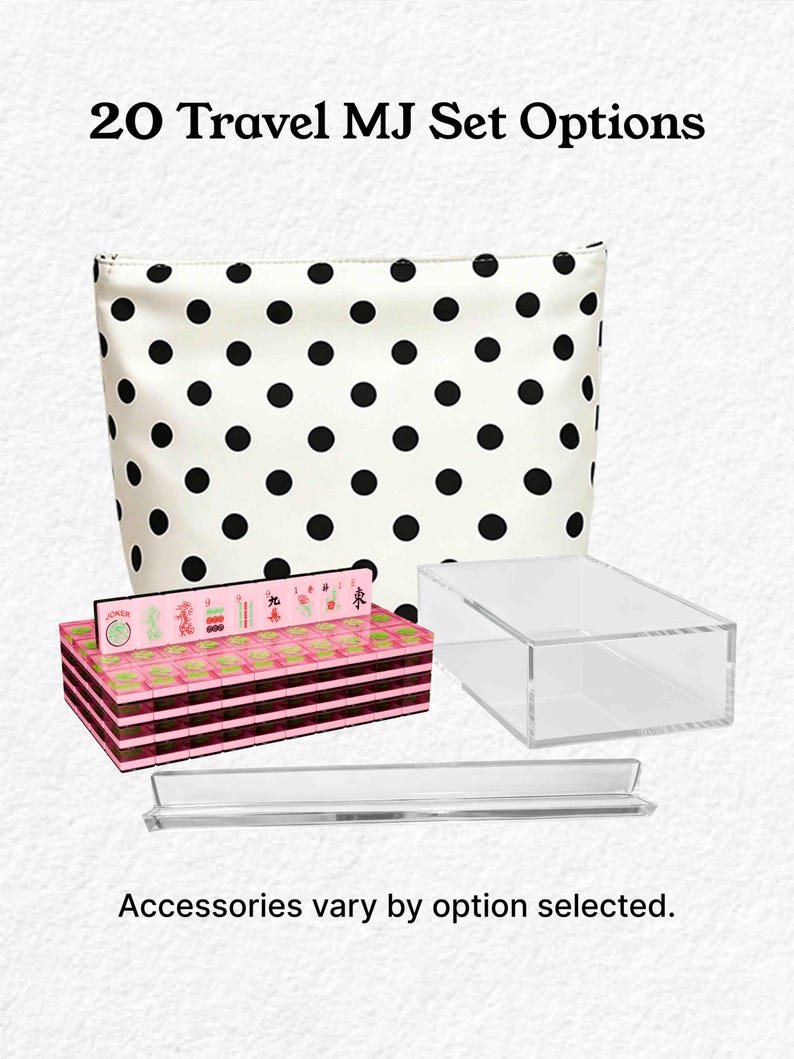 a set of travel-related items, including a polka dot bag, a pink and black box, and a clear plastic container. The text above the items reads "20 Travel MJ Set Options" and below the items, it states "Accessories vary by option selected."