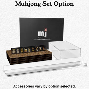 a set of mahjong tiles and a clear glass display case, with the text "Mahjong Set Option" and "Accessories vary by option selected."