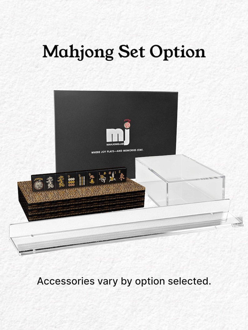 a set of mahjong tiles and a clear glass display case, with the text "Mahjong Set Option" and "Accessories vary by option selected."