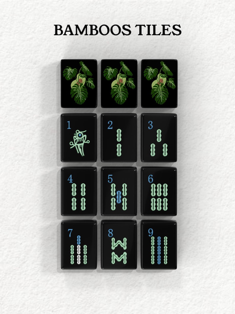 a collection of black tiles with various plant illustrations and numbers on them.