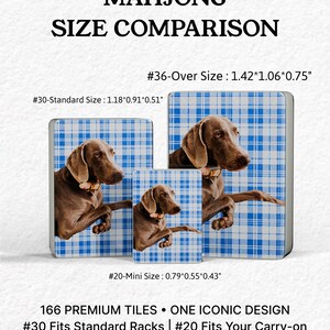 The image is a comparison of three different sizes of Mah Jongg tiles, each featuring a dog in a blue and white checkered background. The largest tile is #36-Over Size, the smallest is #20-Mini Size, and the middle tile is #30-Standard Size. The tiles are described as "Premium Tiles" and "One Iconic Design" and are designed to fit standard racks and carry-on.