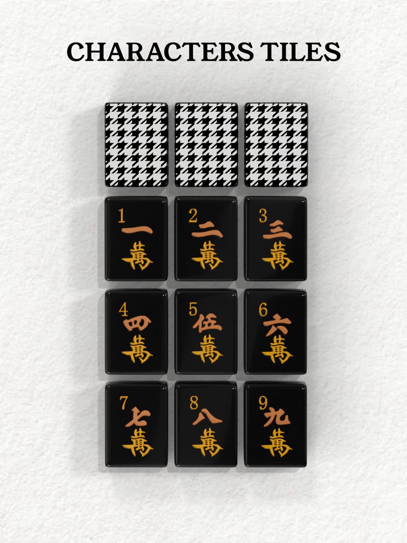 nine tiles, each with a unique design and number, arranged in a grid pattern. The tiles feature a combination of black and white houndstooth patterns and Chinese characters.