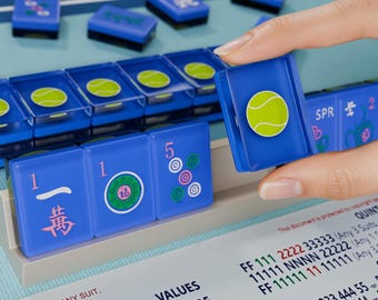 Fichas de Mahjong con diseño de pelota de tenis, juego de 166 fichas de Mahjong americano de tamaño estándar, regalo para una noche de juegos en resina azul.