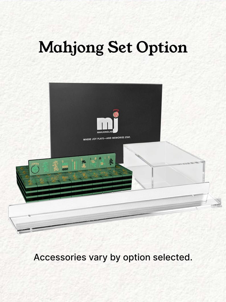 a set of mahjong tiles and a clear glass display case, with the text "Mahjong Set Option" and "Accessories vary by option selected."