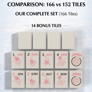 The image is a comparison of the Mah Jongg set, which includes a set of tiles and a set of bonus tiles. The comparison shows that the set of tiles is larger than the set of bonus tiles, with a total of 156 tiles and 14 bonus tiles. The set of tiles includes 152 standard tiles and 14 bonus tiles for extended gameplay and variations.