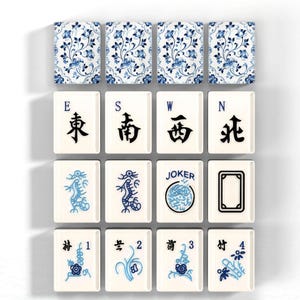 a collection of 16 tiles, each with a unique design or symbol, arranged in a grid pattern. The tiles are predominantly white with blue accents, and they feature various patterns and symbols, including floral designs, Chinese characters, and the word "JOKER". The tiles are arranged in a visually appealing manner, showcasing the diversity and creativity of the tile designs.