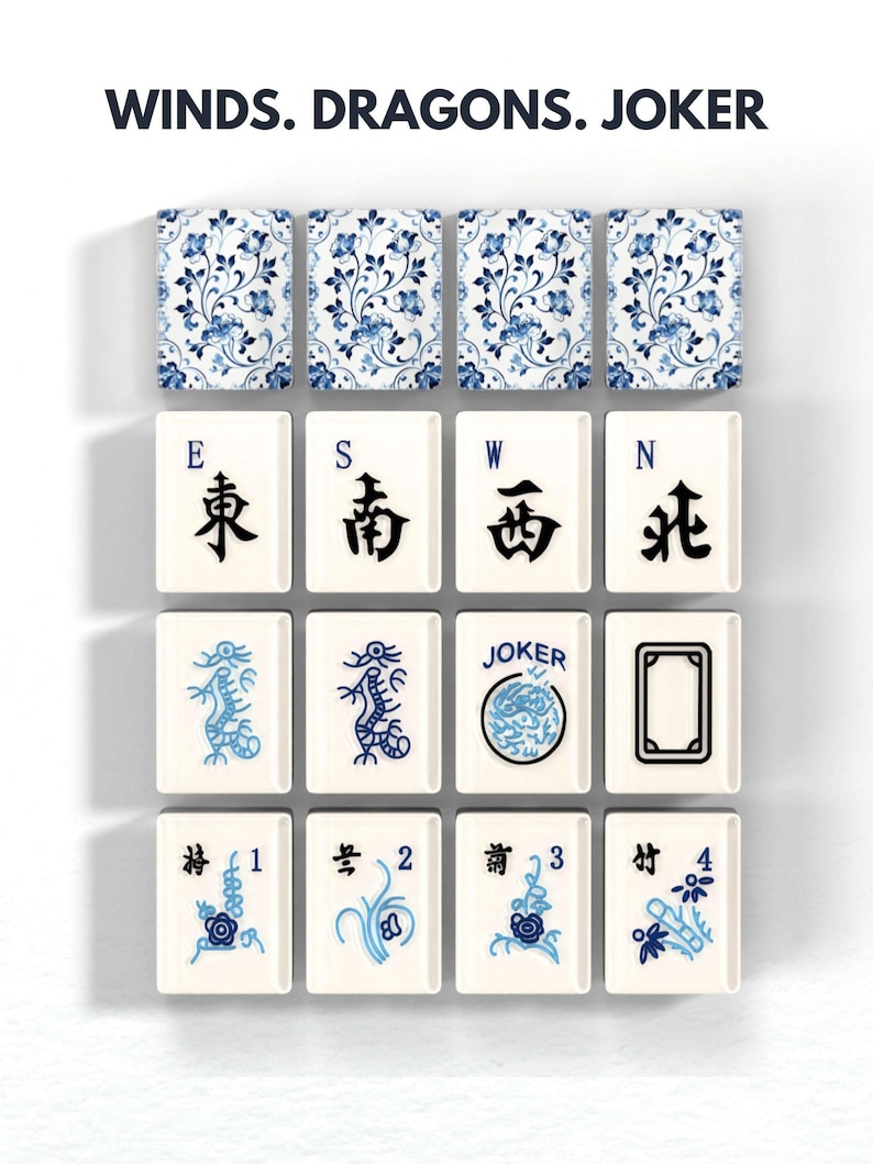 a collection of 16 tiles, each with a unique design or symbol, arranged in a grid pattern. The tiles are predominantly white with blue accents, and they feature various patterns and symbols, including floral designs, Chinese characters, and the word "JOKER". The tiles are arranged in a visually appealing manner, showcasing the diversity and creativity of the tile designs.