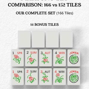 The image is a comparison of the Mah Jongg set, which includes a set of tiles and a complete set of tiles. The comparison is between the number of tiles in the set (166) and the number of tiles in the complete set (152). The set also includes 1552 standard tiles and 14 bonus tiles for extended gameplay and variations.