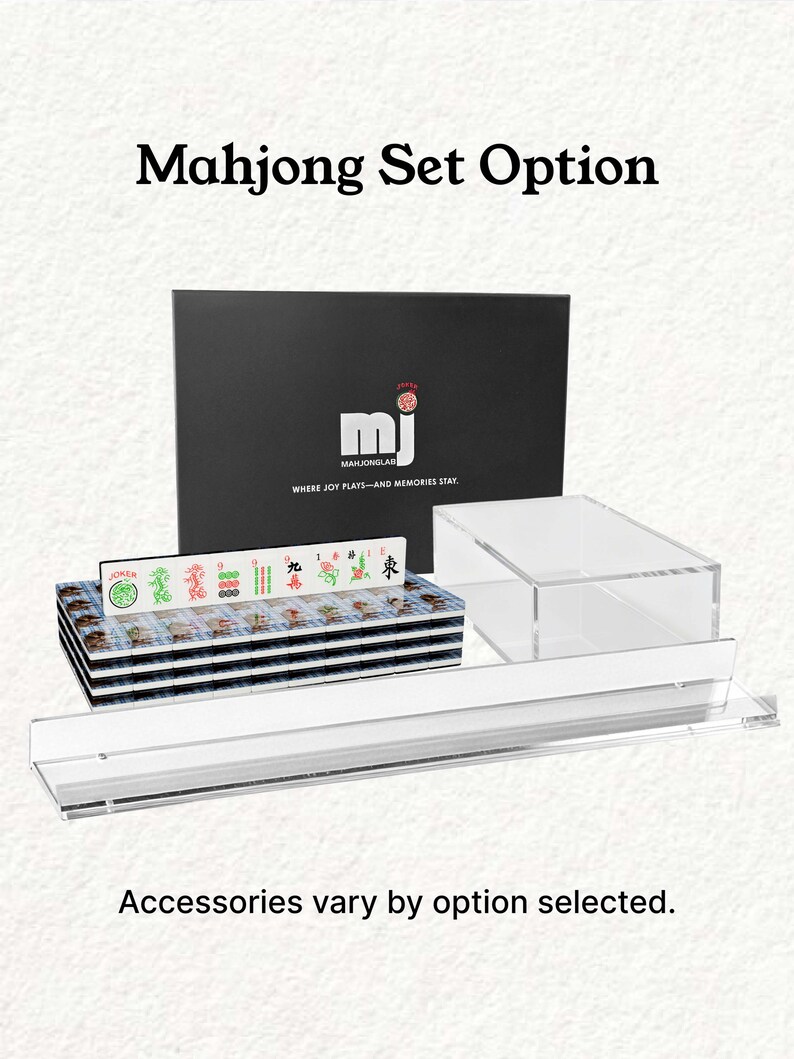 a set of mahjong tiles and a clear plastic case, with the text "Mahjong Set Option" and "Accessories vary by option selected."