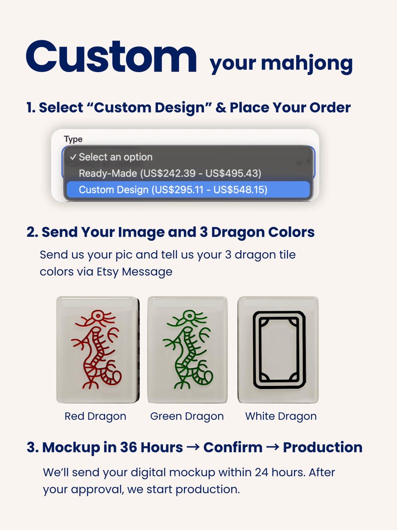 The image is a digital mockup of a custom design featuring a dragon tile with three different colors: red, green, and white. The dragon tile is displayed in a 36-hour time frame, and the customer will receive a confirmation and production within 24 hours after providing their approval.