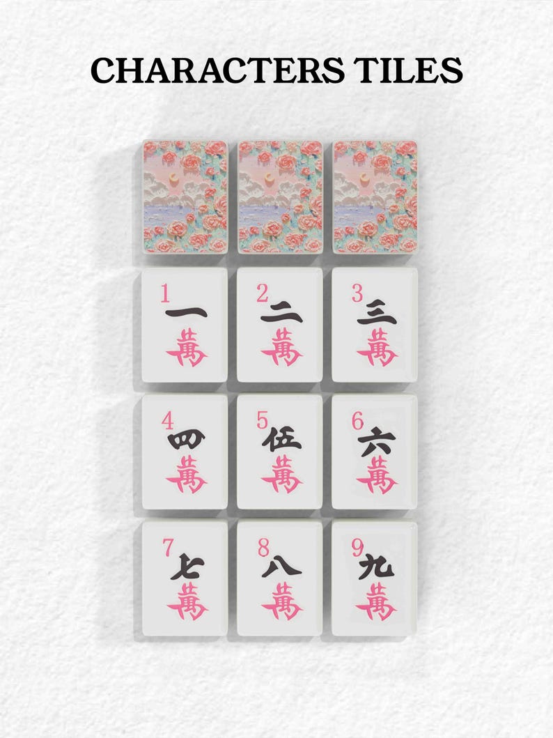 nine tiles, each with a different character or symbol on it. The tiles are arranged in a grid pattern, with three tiles on the top row, three on the middle row, and three on the bottom row. The characters on the tiles are in a foreign language, which suggests that the image is a collage of multiple images. The tiles are not described individually, and the phrase "less than 500 characters" implies that the image contains fewer than 500 characters.