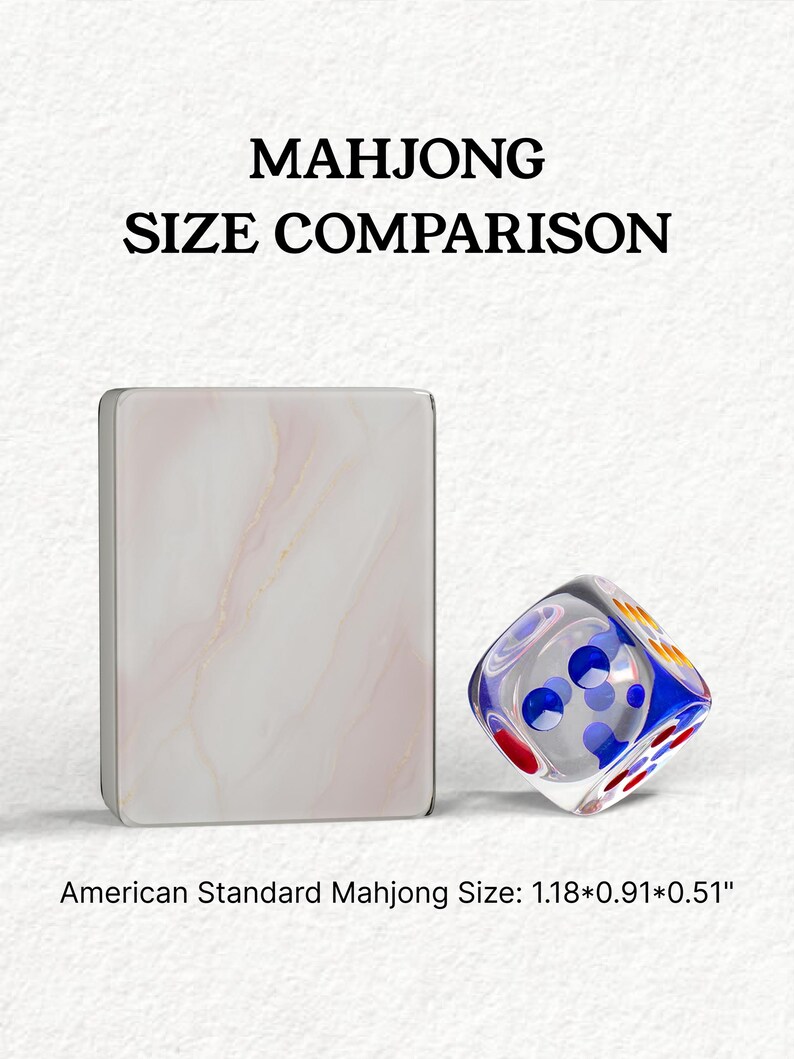 The image is a comparison of the size of a Mah Jong tile and a dice, with the tile being larger than the dice.
