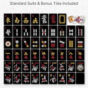 The image is a set of Chinese tiles for mahjong, featuring various suits and tiles with different symbols and numbers.