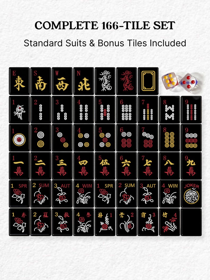 The image is a set of Chinese tiles for mahjong, featuring various suits and tiles with different symbols and numbers.