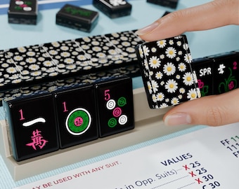 Daisy Resin Mahjong Tiles, Black Flower Print, American Mahjong with custom back tiles, Travel Mahjong, MahjongLab original