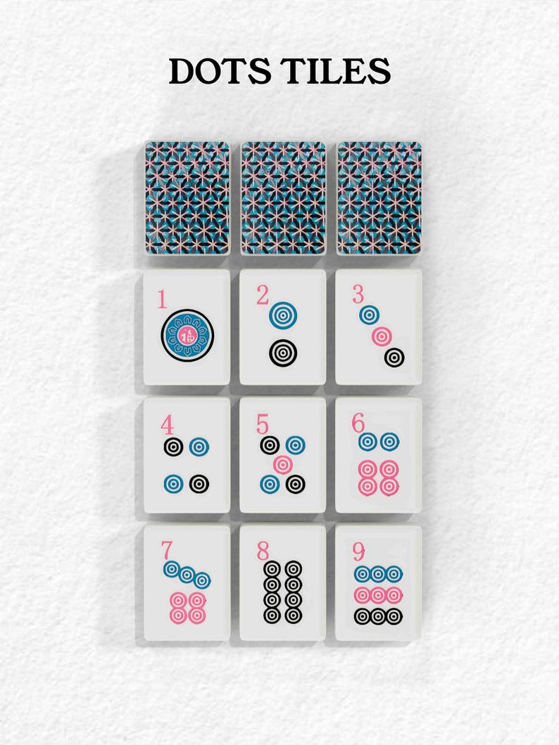 The image is a collage of nine tiles, each with a unique pattern and number, arranged in a grid format. The tiles are white with black and pink accents, and they depict various geometric shapes and patterns. The tiles are arranged in a 3x3 grid, with the top row consisting of the first three tiles, the middle row containing the next three tiles, and the bottom row featuring the remaining three tiles.