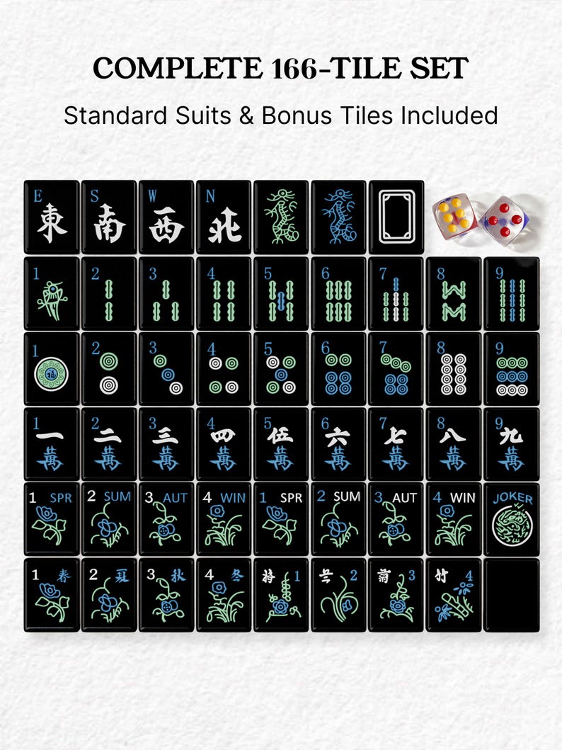 The image is a set of cards from a Chinese game called mahjong, which includes a complete set of cards with suits and bonus tiles.