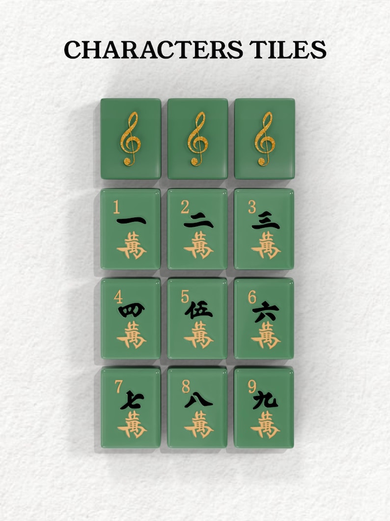 a collection of green tiles with gold musical notes and Chinese characters on them, arranged in a grid pattern.