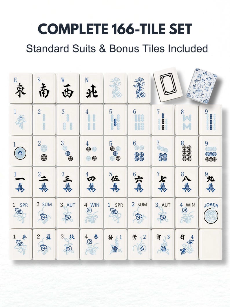 The image is a set of tiles for a game called "Complete 166- Tile Set", which includes standard suits and bonus tiles.