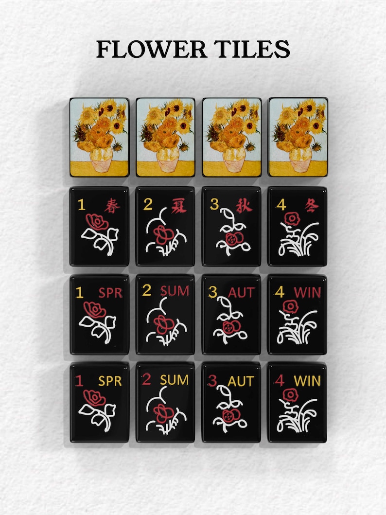a collection of black tiles with various floral designs and numbers on them, arranged in a grid-like pattern.