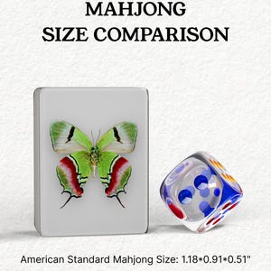 The image is a comparison of the size of a butterfly to a dice, with the butterfly being larger than the dice.