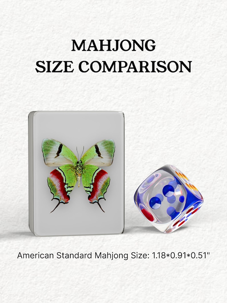 The image is a comparison of the size of a butterfly to a dice, with the butterfly being larger than the dice.