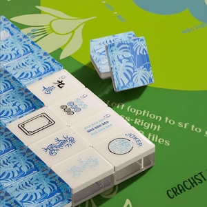 Blue Monstera Leaf Mahjong Tiles American Set 166 Pc , Chinoiserie Botanical Art, Tropical Plant Lover Gift