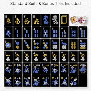 The image is a set of cards from a Chinese game called mahjong, which includes standard suits and bonus tiles.