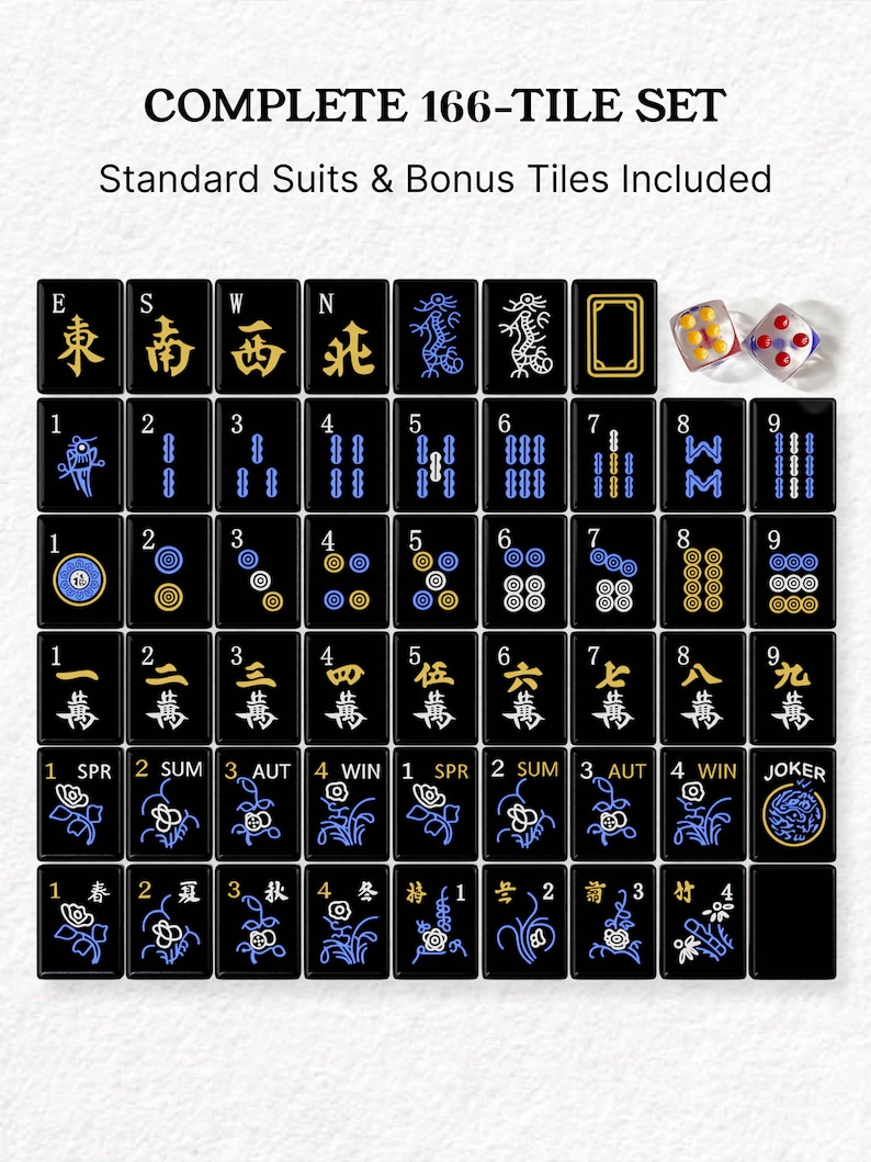 The image is a set of cards from a Chinese game called mahjong, which includes standard suits and bonus tiles.
