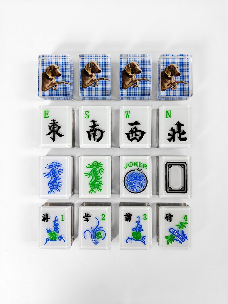a collection of 16 square tiles, each featuring a different design or symbol. The tiles are arranged in a grid pattern, with four tiles on the top row, four tiles on the middle row, and four tiles on the bottom row. The tiles are predominantly white, with some featuring blue and green accents. The tiles display various symbols and designs, including a dog, a joker, and a number 1, 2, and 3.