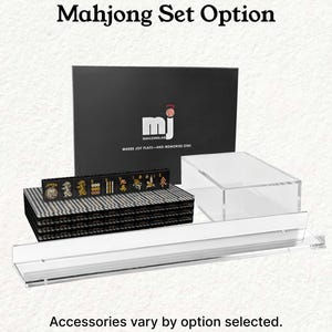 a set of Mah Jongg tiles and a clear plastic display case, with the text "Mahjong Set Option" and "Accessories vary by option selected."