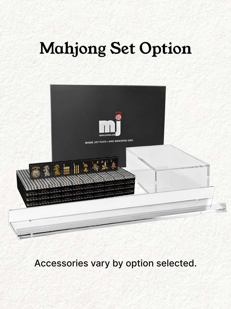 a set of Mah Jongg tiles and a clear plastic display case, with the text "Mahjong Set Option" and "Accessories vary by option selected."