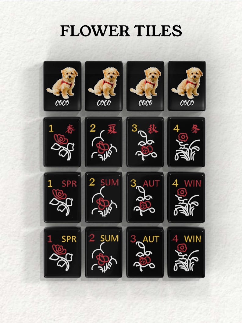 a collection of black tiles with various floral designs and text, including the word "Coco" and numbers 1 through 4.